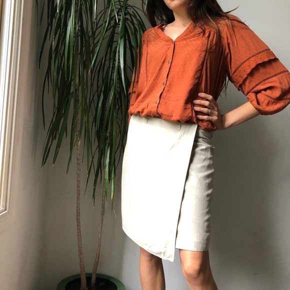 TAILOR B.Moss Women’s Silk Linen Tan Faux Wrap Mini Skirt Size 6 - Picture 5 of 15